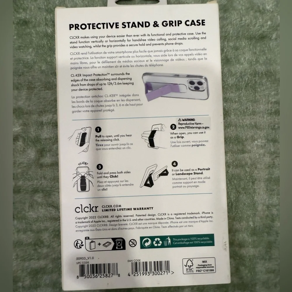 Clckr Stand & Grip Case for iPhone 14 Pro Max - Clear and Purple